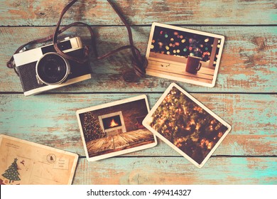 Merry Christmas (xmas) Photo Album On Old Wood Table. Paper Photo Of Film Camera - Vintage And Retro Style