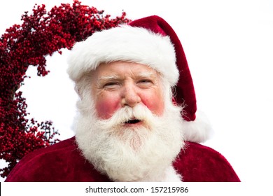 A Merry Holiday Santa, As He Laughs A Hearty Ho, Ho, HO. Head And Shoulders Close Up On White.