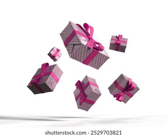 Merry New Year and Merry Christmas pink gift boxes with pink stripes on the wrapped box.Wrapped up in golden bows. Gift boxes flying and falling. White background. Concept of Christmas or birthday. 3D - Powered by Shutterstock