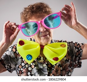 Merry Old Woman. Happy Fun Granny. Adult Funny Female On Party