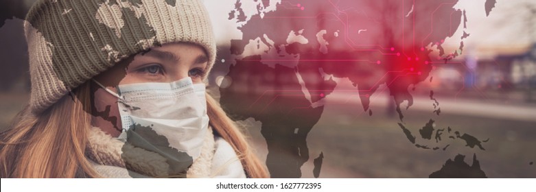 MERS-CoV Chinese infection Corona Virus masked girl on the background of the city in smog, the concept of the epidemic of the virus in China - Shutterstock ID 1627772395