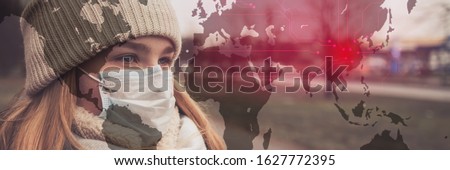 MERS-CoV Chinese infection Corona Virus masked girl on the background of the city in smog, the concept of the epidemic of the virus in China