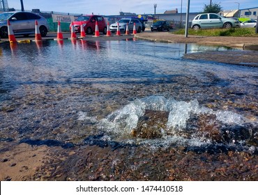 Merseyside, UK - August 8, 2019: Road closed due to damage from a burst water main