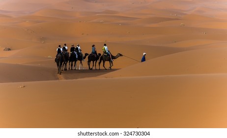Merzouga, Morocco - Circa September 2015 - a camel caravan in the sahara