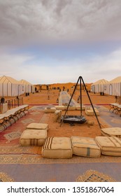 Merzouga / Morocco - February 19 2019: Golden Camp site in Sahara Desert (Merzouga), Morocco on a cloudy winter day