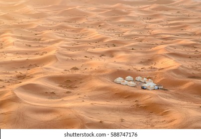 Merzouga, Morocco - Jan 6, 2017: Luxury desert Camp in Erg Chebbi dunes in Sahara Desert near Merzouga