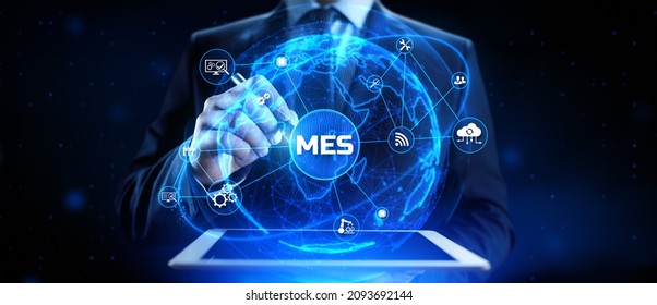 MES Manufacturing Execution System Technology Concept On Virtual Screen.