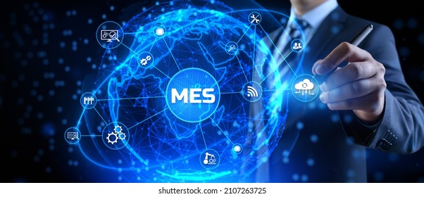 MES Manufacturing Execution System Technology Concept On Virtual Screen.