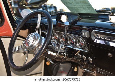 Mesa Arizona 10-30-2021 Steering wheel and dashboard of a 1956 Studebaker sedan