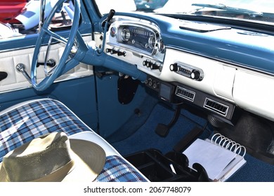 Mesa Arizona 10-30-2021 Steering Wheel And Dashboard On A 1968 Ford F-100 Pickup Truck