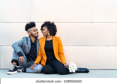 Mesa, Arizona/USA - December 2, 2019: African American Transgender Man With Girlfriend Laughing And Smiling