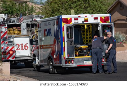 Mesa, Arizona/USA- November 2, 2019: The Mesa Fire Department And Other First Responders Arrive At A Call In The Community Of Las Sendas.