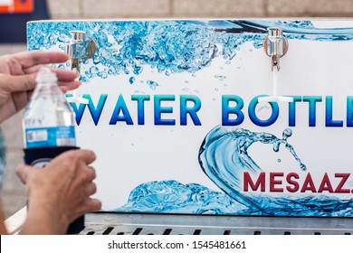 Mesa, Arizona/USA - October 27, 2019: Child Filling Water Bottle At Water Bottle Refill Station At Local Community Event