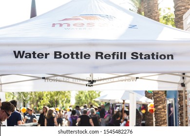 Mesa, Arizona/USA - October 27, 2019: Child Filling Water Bottle At Water Bottle Refill Station At Local Community Event