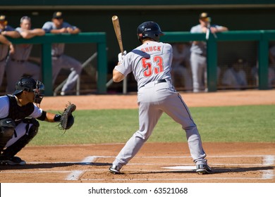 MESA, AZ - OCTOBER 18: J.B. Shuck, a top prospect for the Houston Astros, bats for the Peoria Javelinas in an Arizona Fall League game Oct. 18, 2010 at HoHoKam Stadium, Arizona.