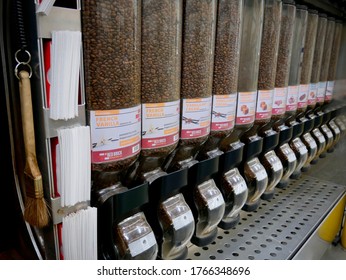 MESA, AZ/USA- JUNE 26, 2020: Variety Of Coffee Beans To Choose From At Self Serve Station At WinCo Foods In Mesa, Arizona. The Best Cup Of Coffee Is Made W/ Freshly Crushed Coffee Beans.