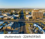 Mesa city center aerial view on Center Street at Main Street at sunset, Mesa, Arizona AZ, USA. 