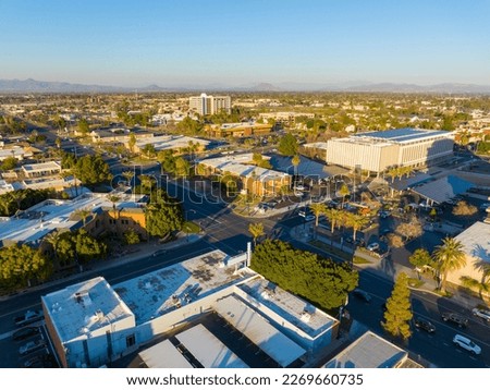 Mesa city center aerial view on Center Street at Pepper Place at sunset, Mesa, Arizona AZ, USA. 