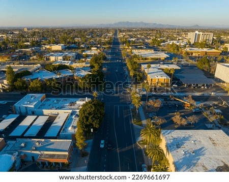 Mesa city center aerial view on Center Street at Pepper Place at sunset, Mesa, Arizona AZ, USA. 