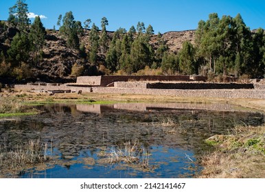 Mesapata Sector Raised Platforms And Qucha Lagoon Or Artificial Pond In The Raqchi Ruins In Peru