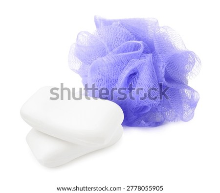 Mesh sponge and soap bars isolated on white