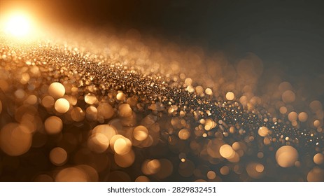 A mesmerizing abstract background featuring a cascade of golden glitter particles illuminated by a bright light source, with soft, out-of-focus bokeh effects.