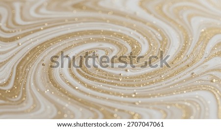 A mesmerizing abstract background featuring a fluid swirl of beige, white, and pastel tones. The liquid marble texture is enhanced by sparkling gold glitter, creating a luxurious feel.