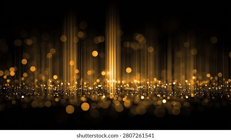 A mesmerizing abstract background featuring shimmering golden bokeh lights and glowing vertical streaks against a deep black backdrop, creating a sense of magic and celebration.