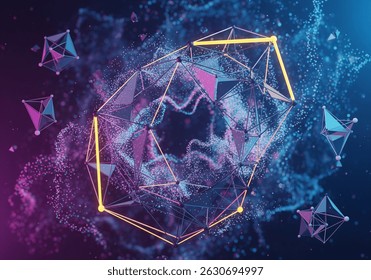 Mesmerizing abstract background featuring a vibrant digital network of interconnected polygons and glowing particles, creating a sense of data, technology, and futuristic energy.