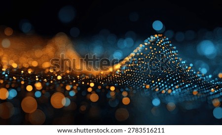 A mesmerizing abstract digital wave composed of glowing orange and blue particles, set against a dark background with soft bokeh lights.