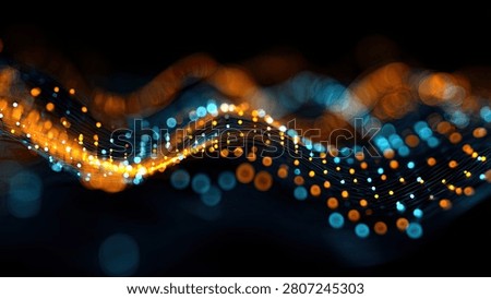 A mesmerizing abstract digital wave composed of glowing orange and blue particles against a dark background, symbolizing data flow and connectivity.