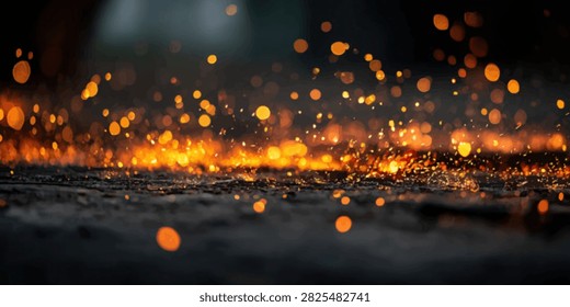 A mesmerizing abstract image featuring numerous bright orange and yellow bokeh lights scattered across a dark, reflective surface, with a fiery glow emanating from below.
