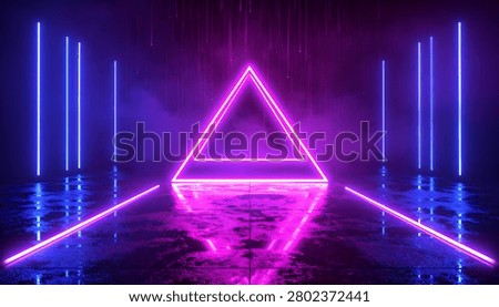 A mesmerizing abstract scene featuring a glowing neon triangle portal surrounded by vertical light pillars, reflecting on a wet surface.