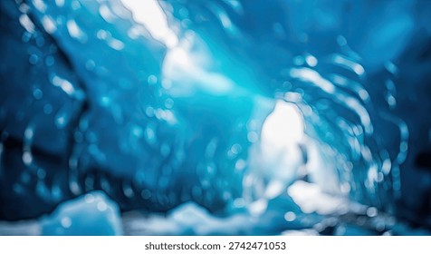 A mesmerizing abstract view inside a blue ice cave, featuring a soft, glowing light source that illuminates the icy textures and creates beautiful reflections on the water below.