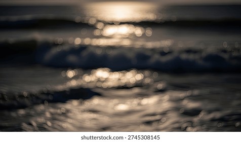 A mesmerizing abstract view of ocean waves, blurred to create a soft, dreamlike effect, with the golden light of the setting sun reflecting beautifully on the water's surface, evoking a sense of calm.