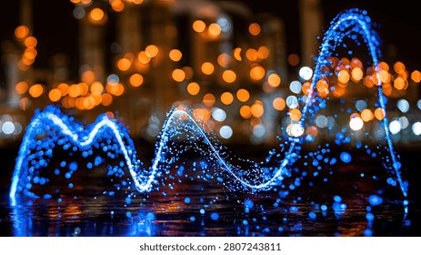 A mesmerizing abstract visualization of a blue wave composed of light particles, flowing dynamically against a backdrop of blurred city lights at night.