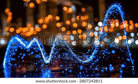 A mesmerizing abstract visualization of a blue wave composed of light particles, flowing dynamically against a backdrop of blurred city lights at night.