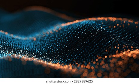 A mesmerizing abstract visualization of countless glowing particles creating a fluid, wave-like structure against a dark background.