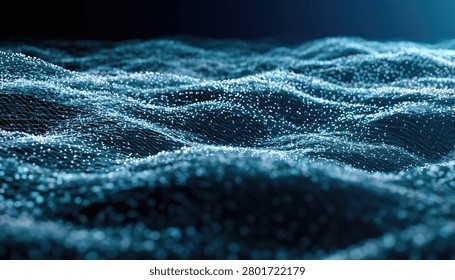 A mesmerizing abstract visualization of digital ocean waves composed of countless glowing particles, creating a futuristic and ethereal aquatic landscape.