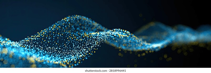 A mesmerizing abstract visualization of glowing blue particles creating a fluid, wave-like motion against a deep, dark backdrop.
