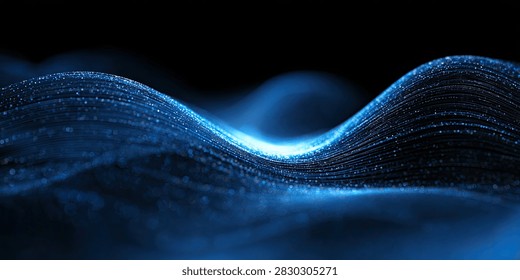 A mesmerizing abstract visualization of a glowing blue wave composed of countless digital particles, flowing dynamically against a dark background.