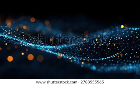 A mesmerizing abstract visualization of glowing blue and gold particles forming a dynamic wave against a dark background.