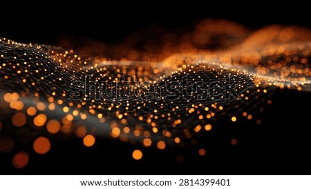 A mesmerizing abstract visualization of glowing orange and gold particles forming a dynamic wave pattern against a deep black backdrop.