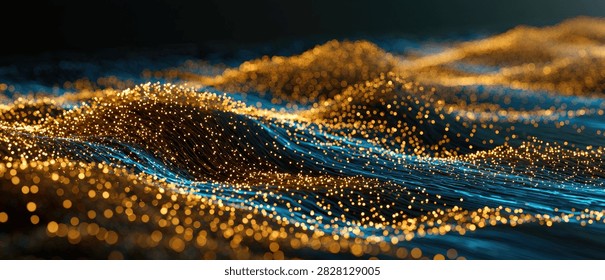 A mesmerizing abstract visualization of golden and blue particles forming dynamic waves, suggesting movement and energy.
