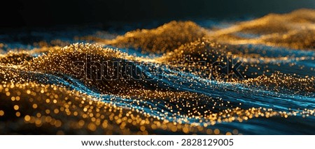 A mesmerizing abstract visualization of golden and blue particles forming dynamic waves, suggesting movement and energy.
