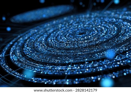 A mesmerizing abstract visualization of a swirling galaxy composed of countless blue digital data points, representing information flow and connectivity.
