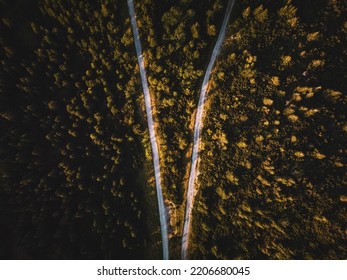 A Mesmerizing Aerial Drone Shot Of Two Roads Separated By Trees In Lower Austria