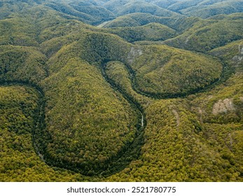 A mesmerizing aerial drone view flying above a dense green forest with rocky cliffs and a hidden river Veleka in Strandzha National Park, Bulgaria, capturing the untouched beauty of nature