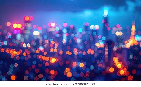 A mesmerizing bokeh effect captures the vibrant energy of a city at night, with out-of-focus lights creating a dreamy, abstract atmosphere.