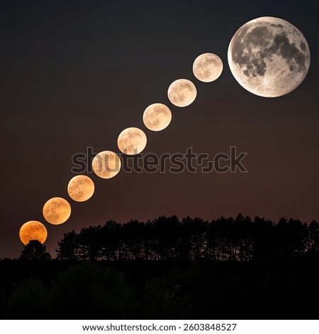 A mesmerizing composite image showcasing the different phases of a Blood Moon rising over a forest horizon. The sequence captures the transition from a deep orange-red moon near the horizon to a fully